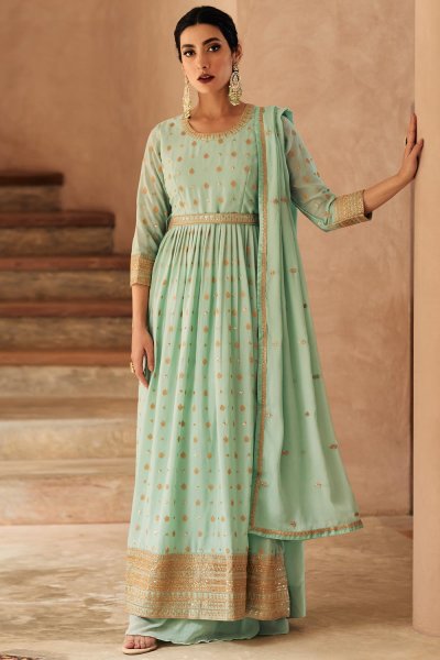Sea Green Chinon Embroidered Anarkali Suit