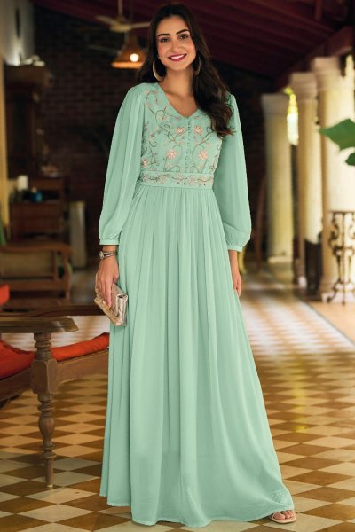 Ready To Wear Aqua Georgette Embellished Indo-Western Maxi Dress