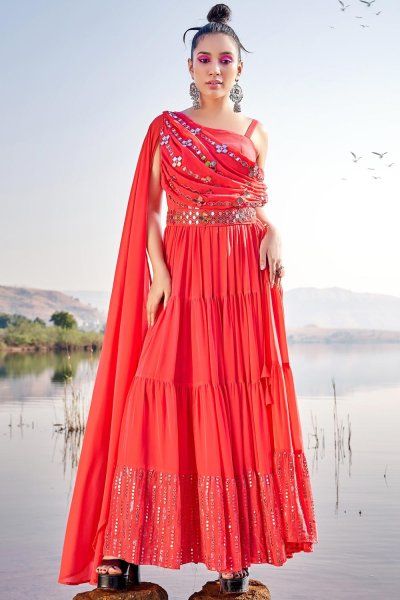 Coral Red Georgette Embroidered Designer Maxi Dress