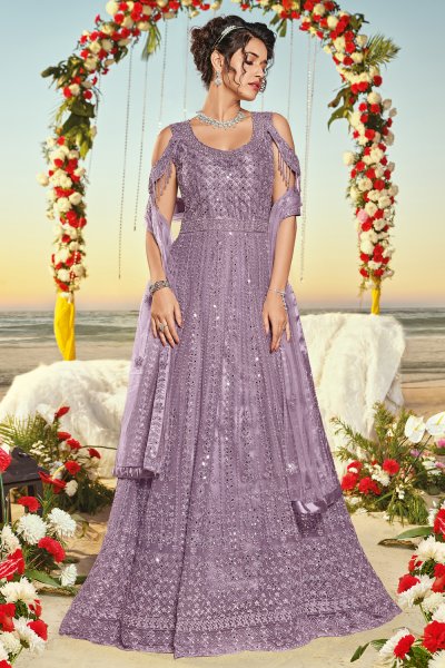 Ready To Wear Lavender Net Embroidered Anarkali Suit