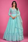 Ready To Wear Turquoise Blue Embroidered Chinon Silk Anarkali Dress