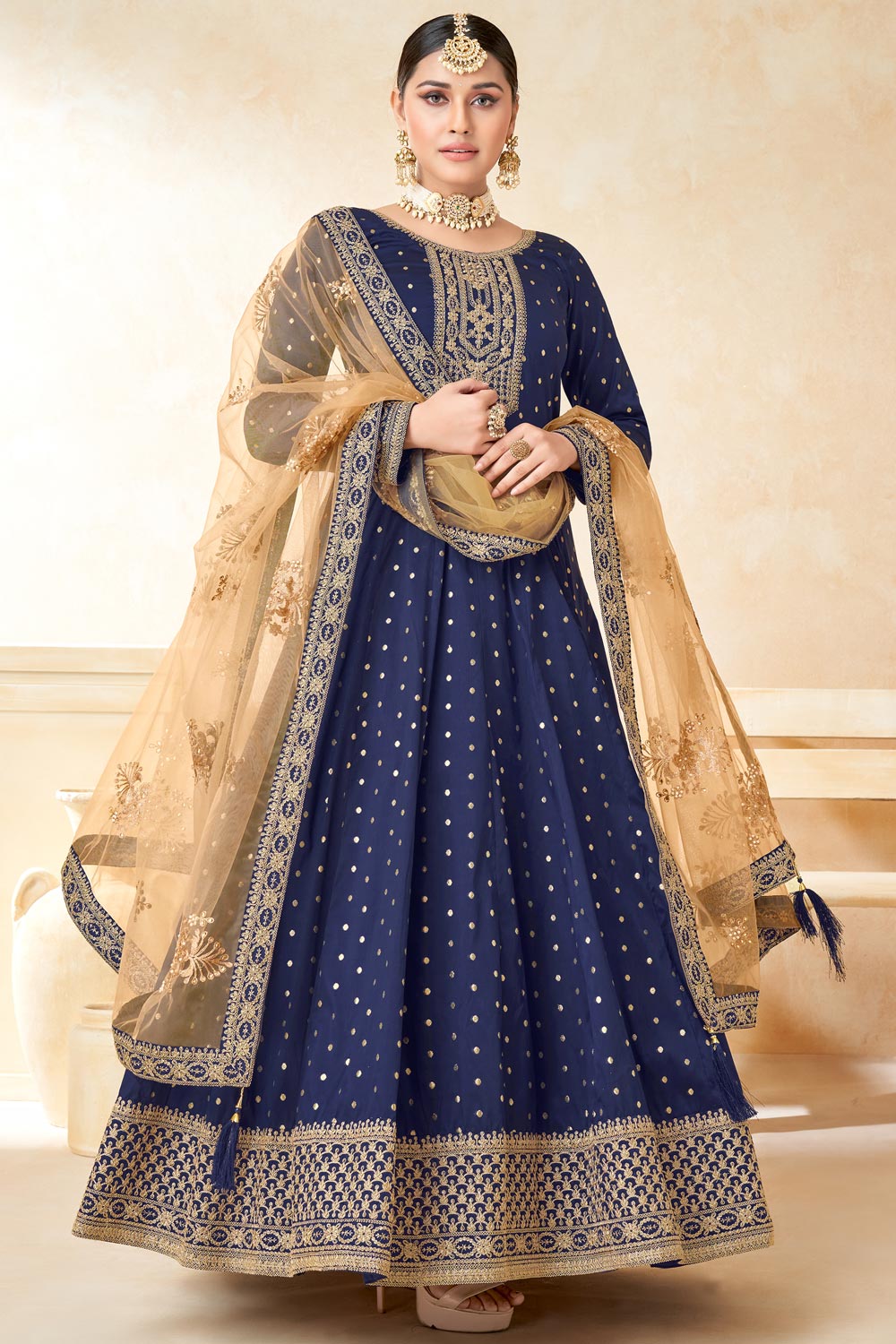 Navy Blue Real Premium Chinon Embroidered Anarkali Gown With Dupatta