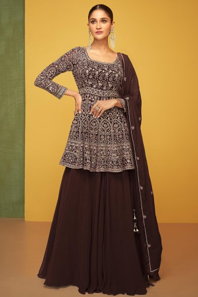 Chocolate Brown 3 Piece Georgette Embroidered Peplum Top & Skirt With Dupatta