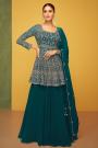 Teal Green 3 Piece Georgette Embroidered Peplum Top & Skirt With Dupatta