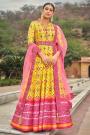 Ready To Wear Yellow & Pink Patola Printed Silk Anarkali Dress With Dupatta & Belt