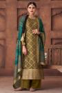 Olive Green Jacquard Silk Kurta Set With Bandhani Printed Dupatta