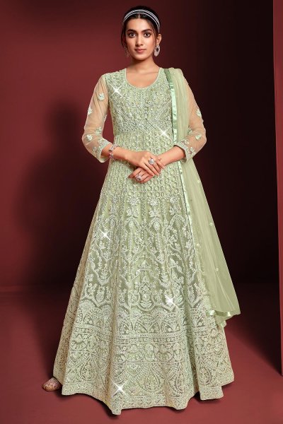 Pastel Green Net Embroidered Anarkali Dress