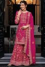 Fuchsia Pink Chinon Embroidered Suit With Flared Palazzo