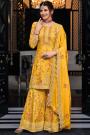 Yellow Chinon Embroidered Suit With Flared Palazzo