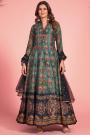 Ready To Wear Teal Green/ Multicolor Kalamkari Printed Silk Anarkali Dress