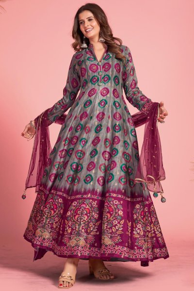 Ready To Wear Grey-Magenta/ Multicolor Kalamkari Printed Silk Anarkali Dress