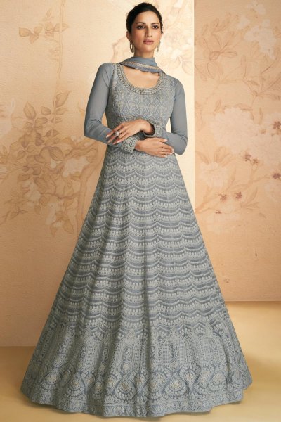 Steel Blue Georgette Embroidered Anarkali Dress With Dupatta
