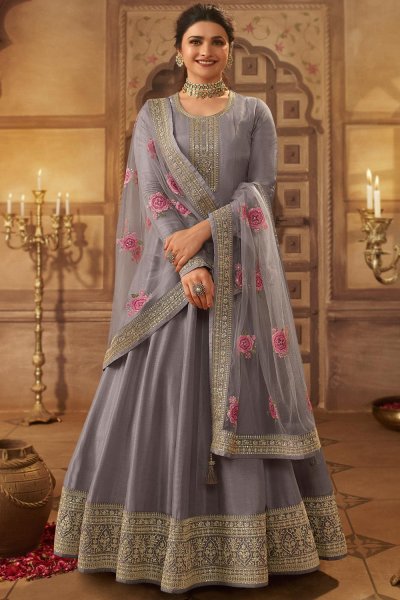 Dusty Lilac Silk Embroidered Anarkali Dress