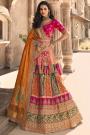 Pink-Mustard-Multicolor Banarasi Silk Embroidered Lehenga Set