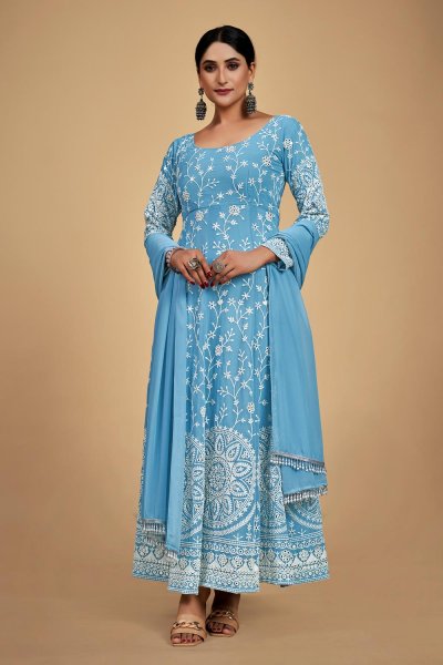 Sky Blue Georgette Embroidered Anarkali Dress