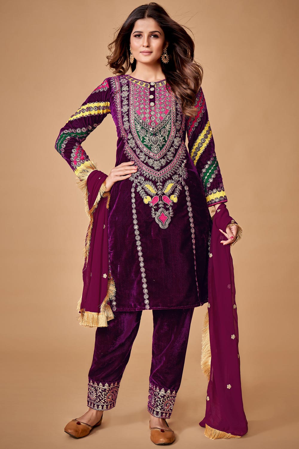 Plum Velvet Girls Kurta Set