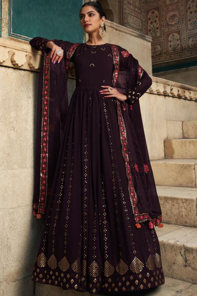 Deep Plum Georgette Embroidered Anarkali Dress