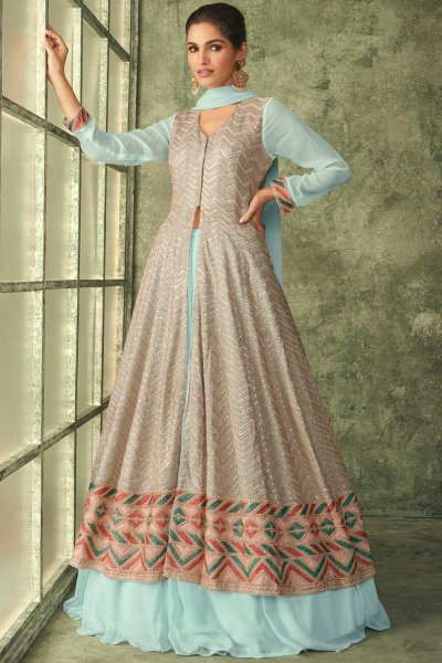 Soft Blue & Beige Georgette Embroidered Anarkali Dress With Skirt