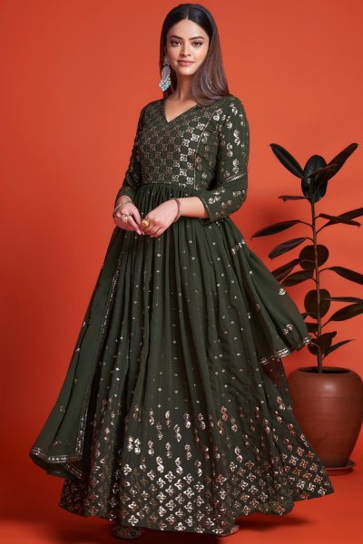 Forest Green Georgette Embroidered Anarkali Dress