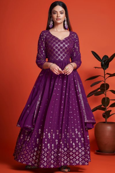 Purple Georgette Embroidered Anarkali Dress