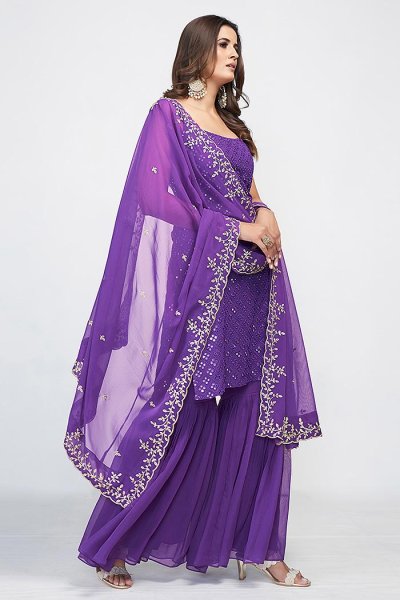 Purple Georgette Embroidered Kurta Sharara set