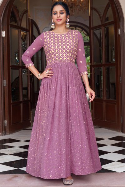 Purple Pink Georgette Embroidered Anarkali Dress With Dupatta
