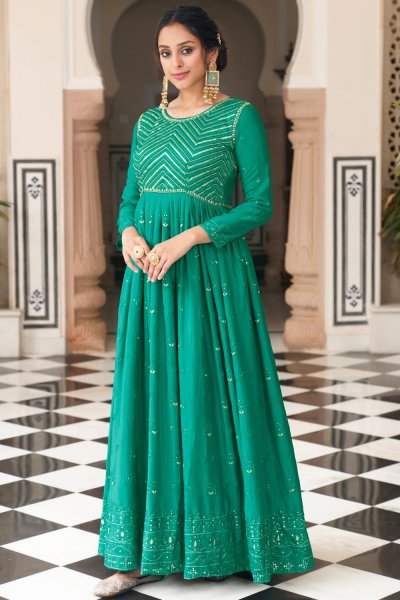 Emerald Green Chinon Embroidered Anarkali Dress With Dupatta