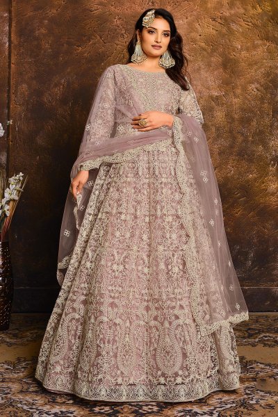 Dusty Lilac Net Embroidered Anarkali Dress
