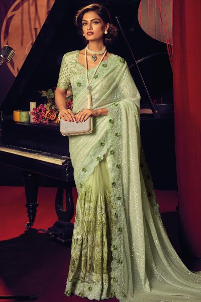 Pastel Green Luxe Fabric & Net 3D Flower Embellished Designer Saree