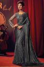 Charcoal Grey Luxe Fabric & Net 3D Flower Embellished Designer Saree