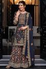 Deep Navy Blue Chinon Embroidered Suit With Sharara