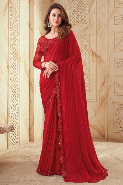 Red Embroidered Silk Saree