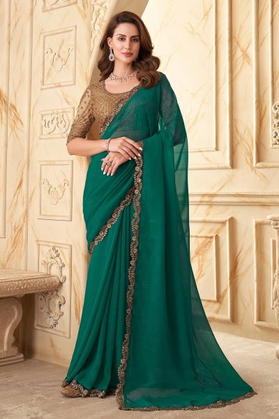 Dark Green Embroidered Silk Saree