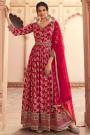Radiant Red Jacquard Silk Embroidered Anarkali Dress with Belt