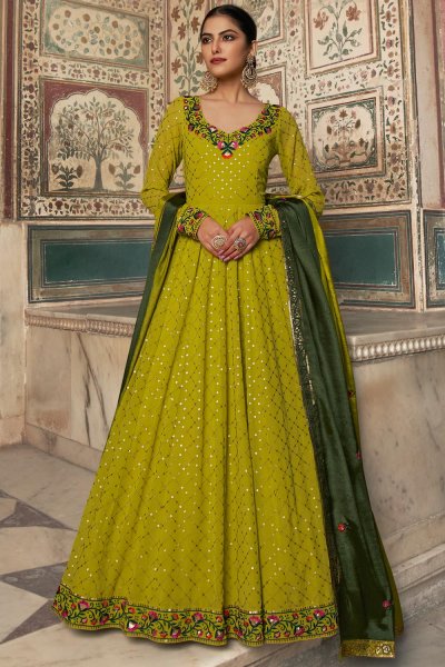 Ready To Wear Lime Green Georgette Embroidered Anarkali Dress