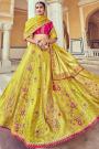 Lemon Yellow & Pink Banarasi Silk Embroidered Lehenga Choli