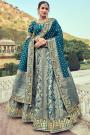 Grey & Prussian Blue  Banarasi Silk Embroidered Lehenga Choli