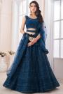Prussian Blue Net Embroidered Lehenga Set With Belt