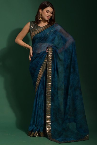 Prussian Blue Printed & Bordered Georgette Saree