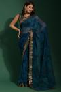 Prussian Blue Printed & Bordered Georgette Saree