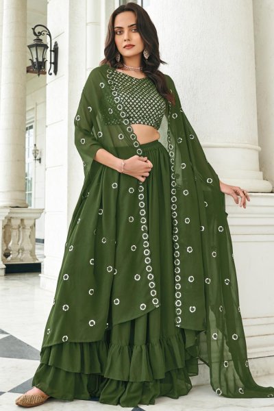 Ready To Wear Forest Green Georgette Designer Lehenga Set With Belt