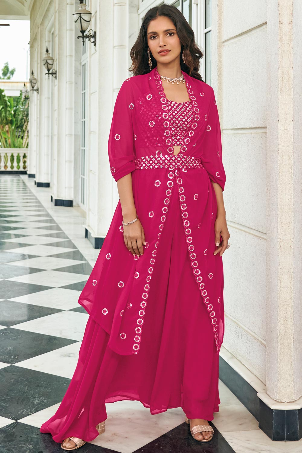 Pink Embroidered Georgette Designer Lehenga Style Suit