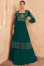 Dark Green Embroidered Chinon Silk Top & Skirt Set With Long Jacket