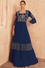 Navy Blue Embroidered Chinon Silk Top & Skirt Set With Long Jacket