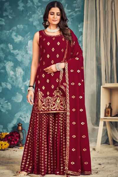 Ready To Wear Red Georgette Embroidered Sharara Kurta Set