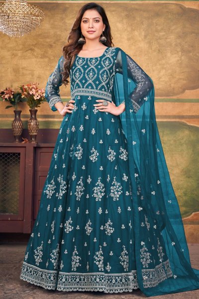 Prussian Blue Net Embroidered Anarkali Dress