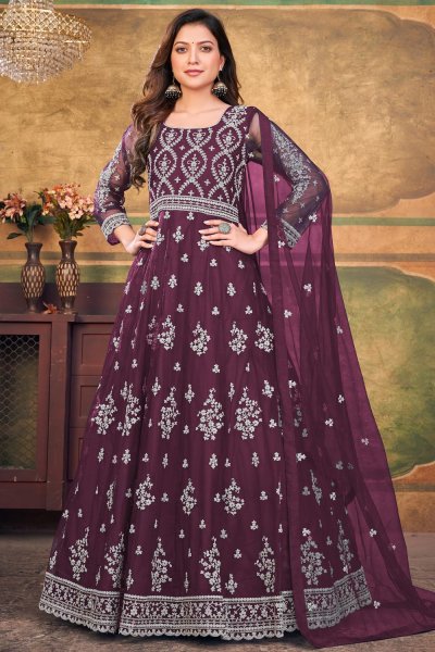 Plum Net Embroidered Anarkali Dress