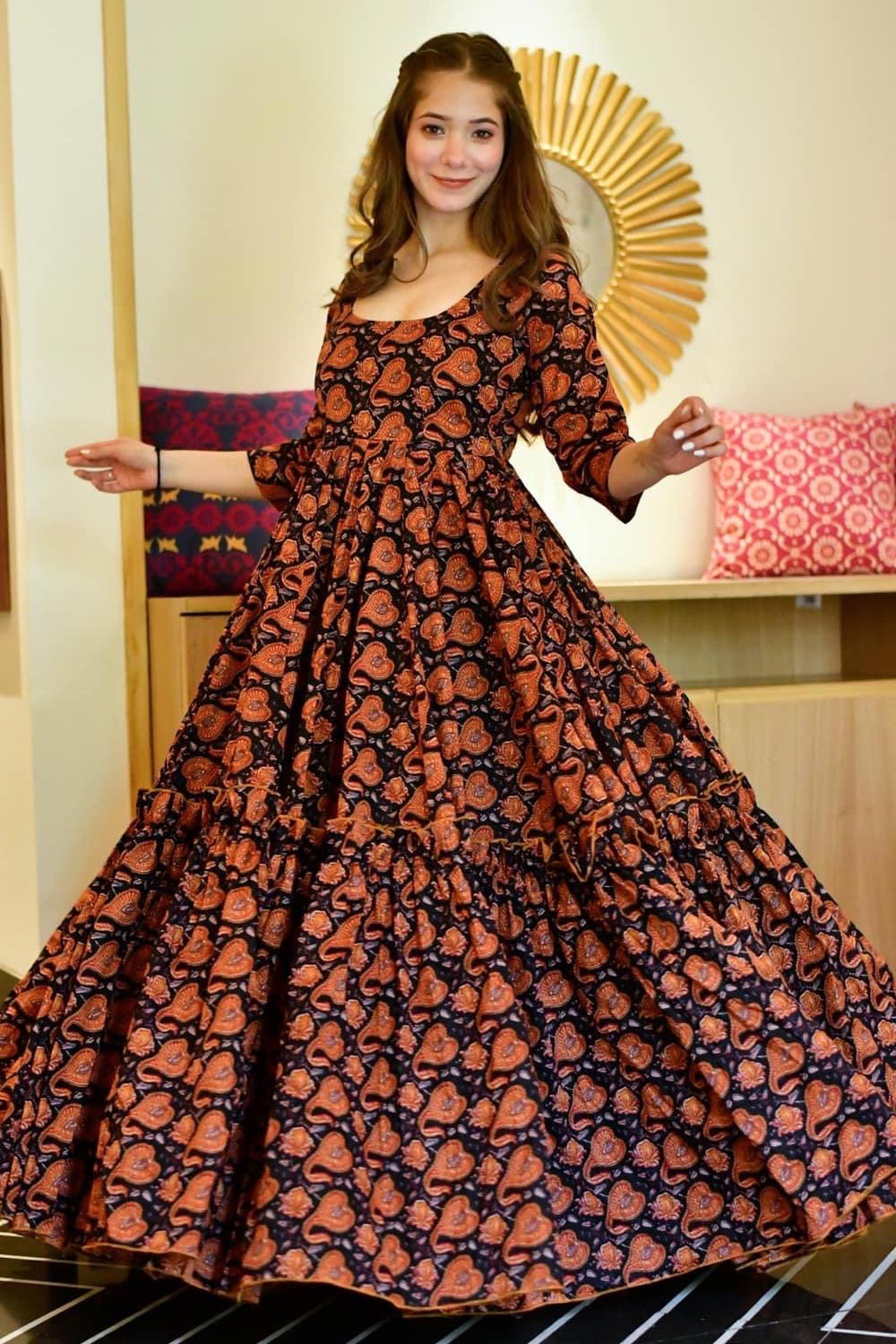 chinese dress ladies Solid Ethnic Printed Jacket Styled A-Line Pleated Maxi Dress main image 1