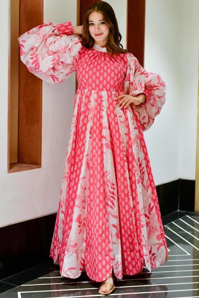 Ready To Wear Coral & White Printed Indo-Western Cotton-Silk Maxi Dress