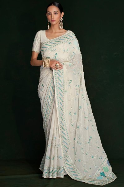 Ivory Georgette Chikankari Embroidered Saree